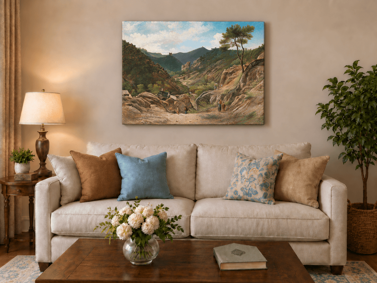 Landscape Oil Painting - Mountain Valley, Rocks, Cottages