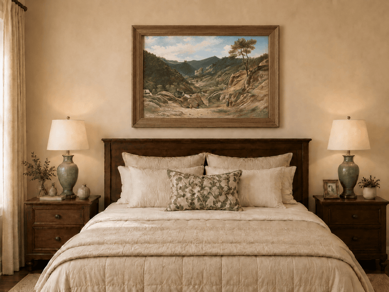 Landscape Oil Painting - Mountain Valley, Rocks, Cottages