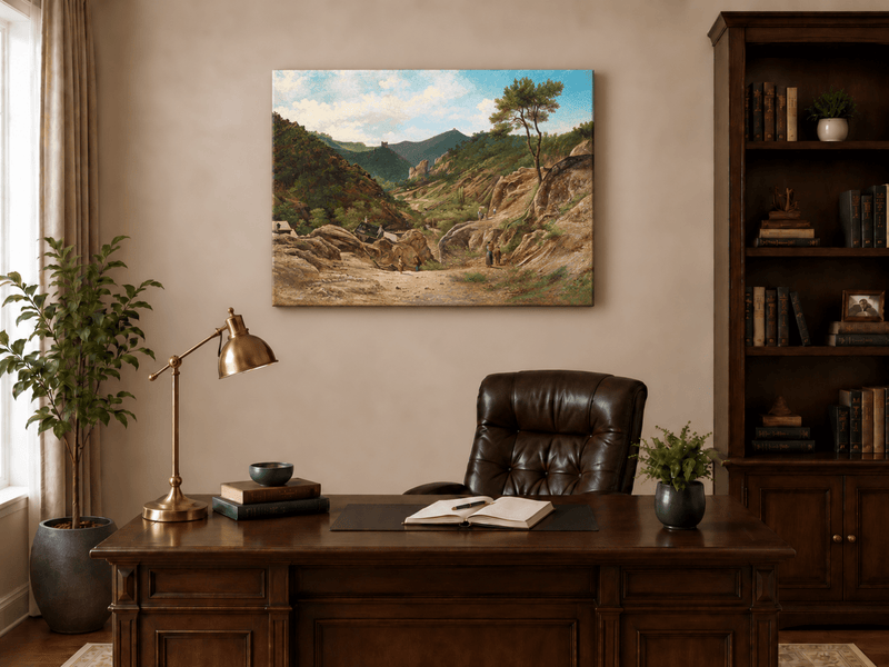 Landscape Oil Painting - Mountain Valley, Rocks, Cottages