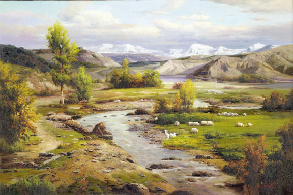 Landscape Oil Painting - Mountain Valley, Snow Peaks, River & Sheep Herd - Oil Painting Haven