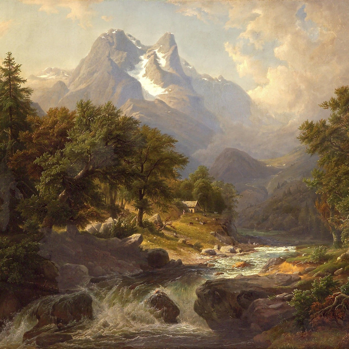 Landscape Oil Painting - Mountain Valley Stream, Cabin, Snow Peaks - Oil Painting Haven