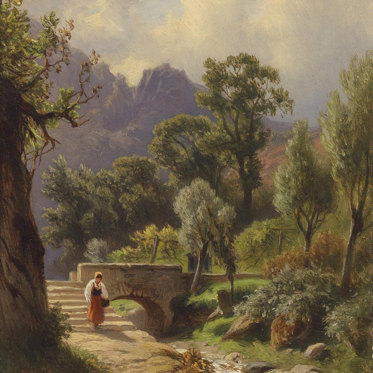 Landscape Oil Painting - Mountain Valley Stream,Stone Bridge, Peasant - Oil Painting Haven
