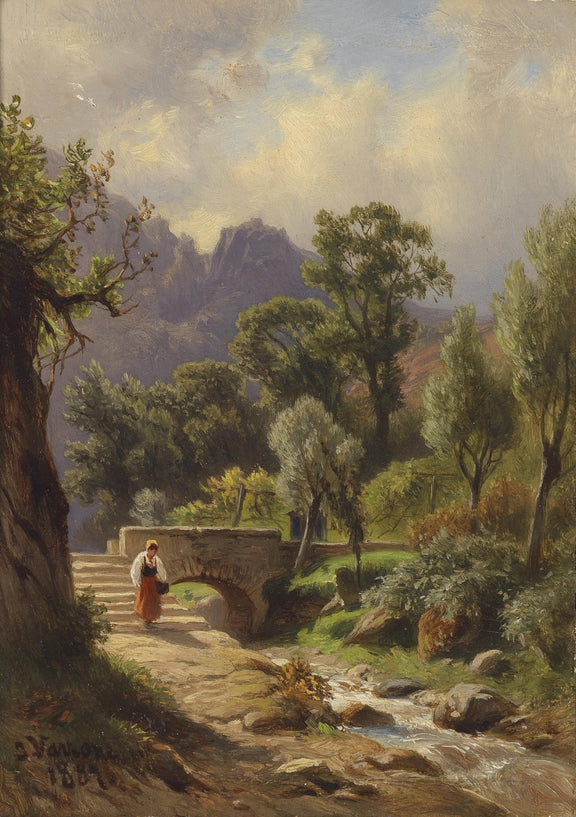 Landscape Oil Painting - Mountain Valley Stream,Stone Bridge, Peasant - Oil Painting Haven
