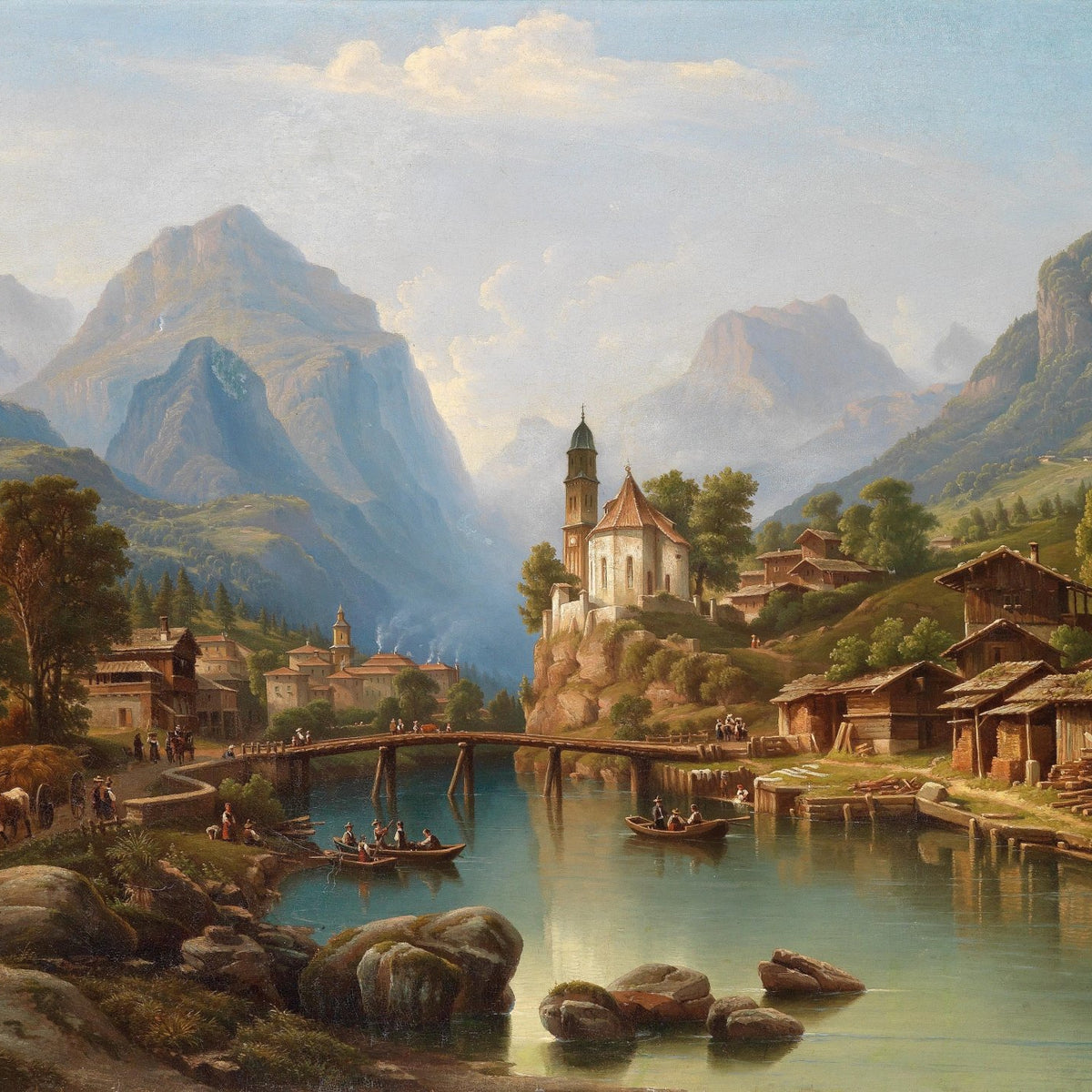 Landscape Oil Painting - Mountain Valley Town, Church & Wooden Bridge - Oil Painting Haven