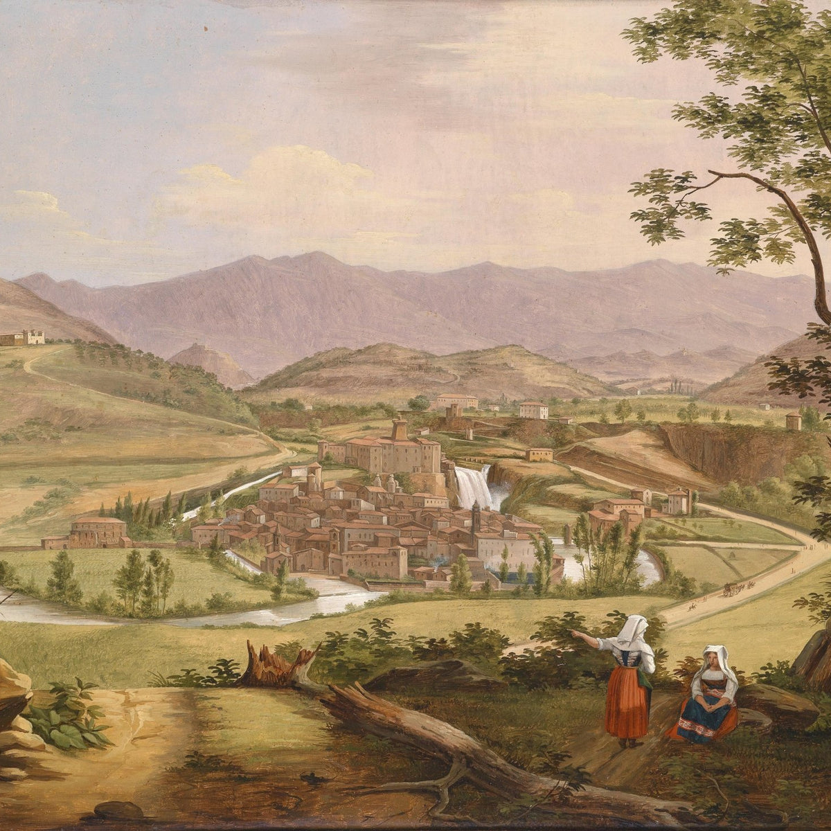 Landscape Oil Painting - Mountain Valley Town: Traditional Women & Peaks - Oil Painting Haven