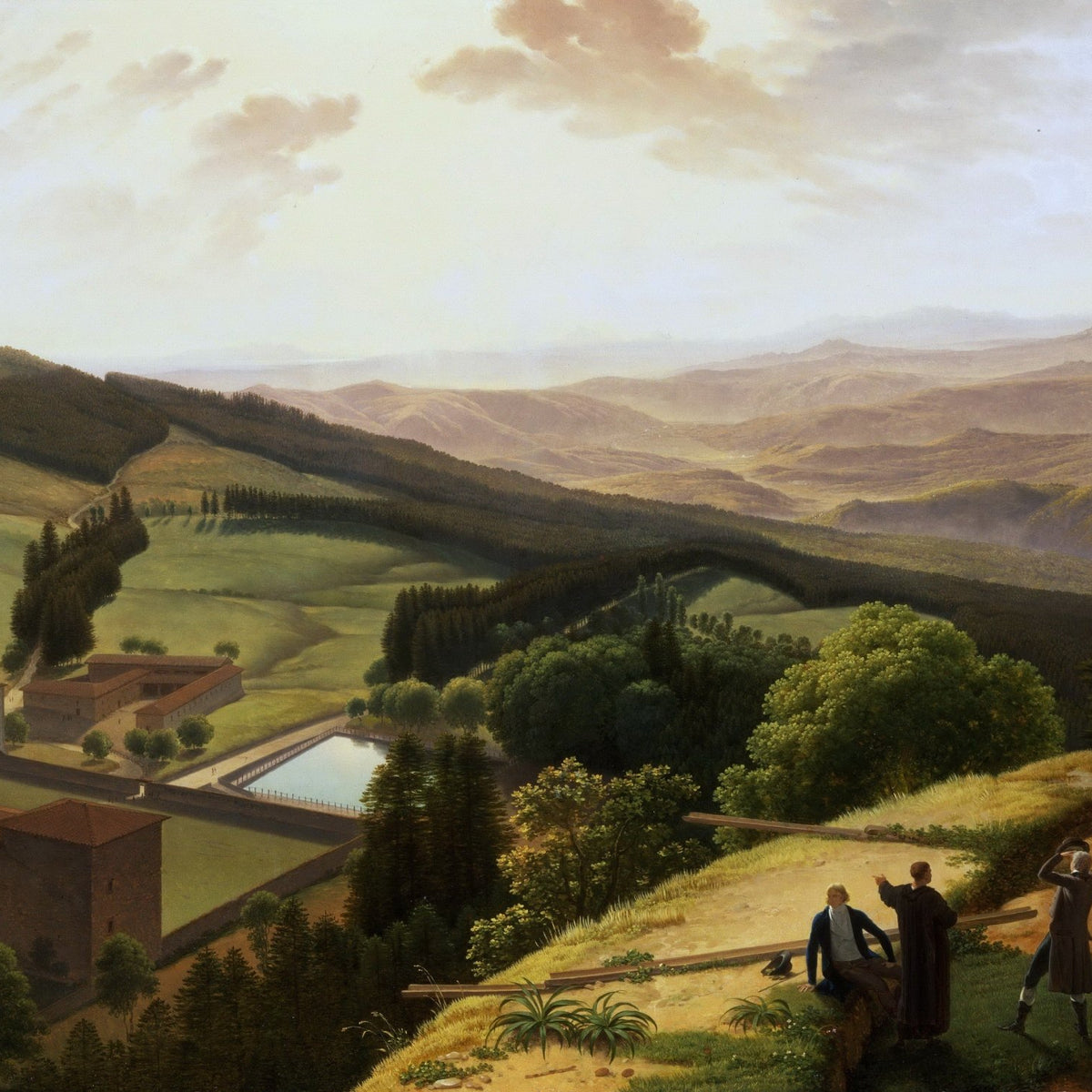 Hand-painted mountain valley view with monastery landscape oil painting on canvas