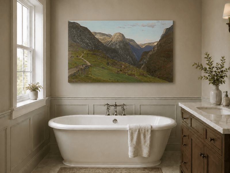 Landscape Oil Painting - Mountain Valley Village and Winding Road