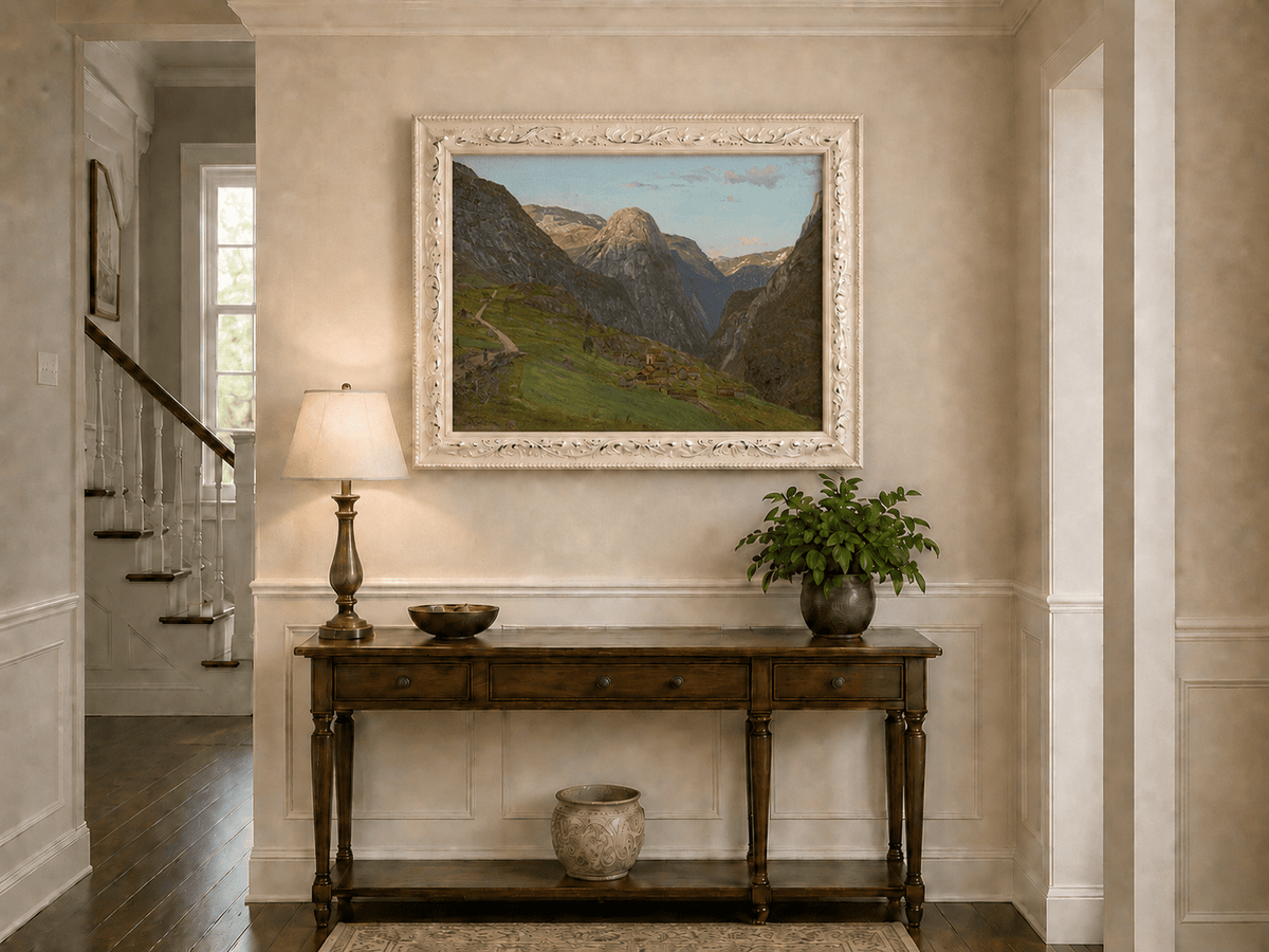 Landscape Oil Painting - Mountain Valley Village and Winding Road