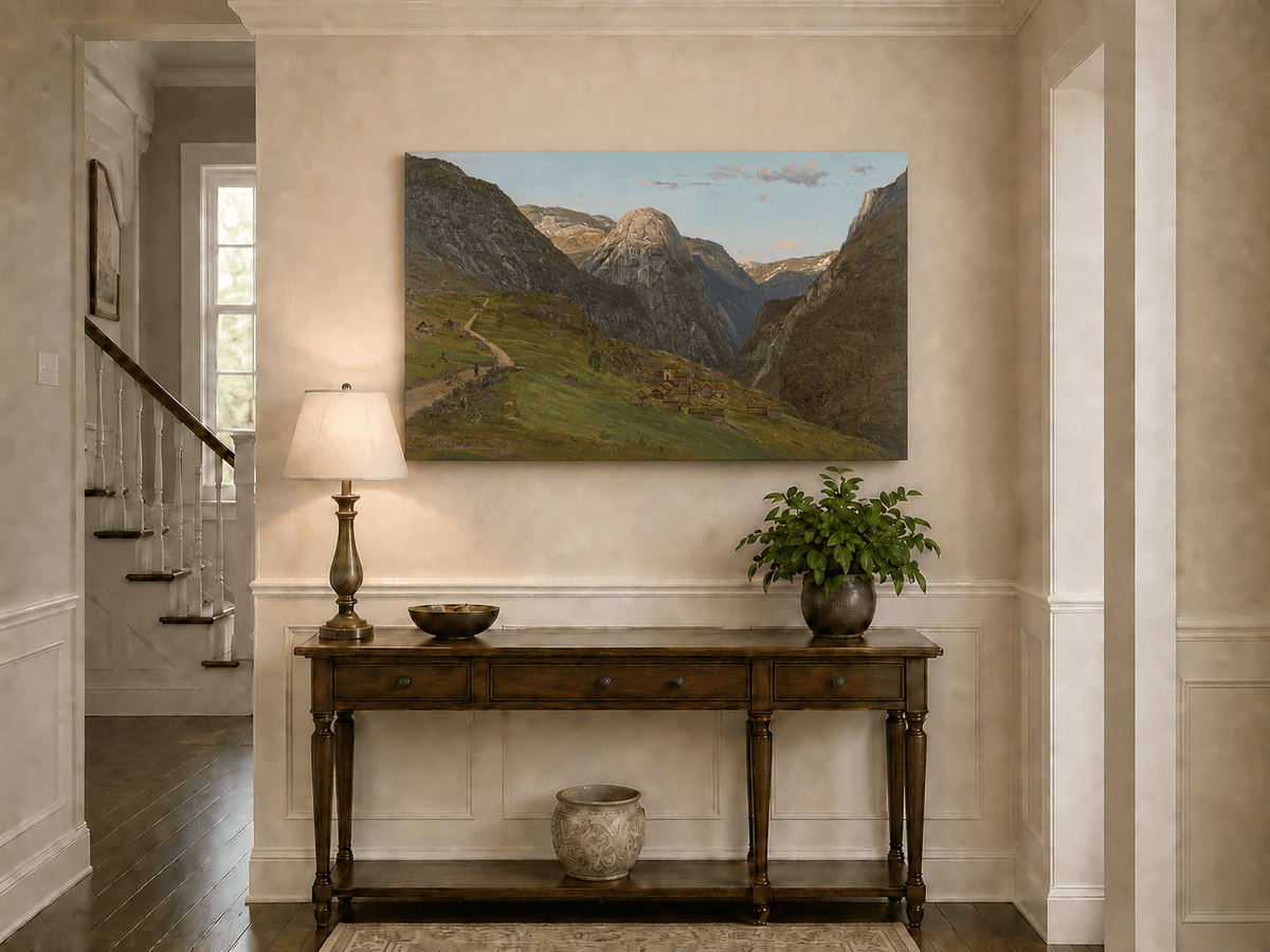 Landscape Oil Painting - Mountain Valley Village and Winding Road