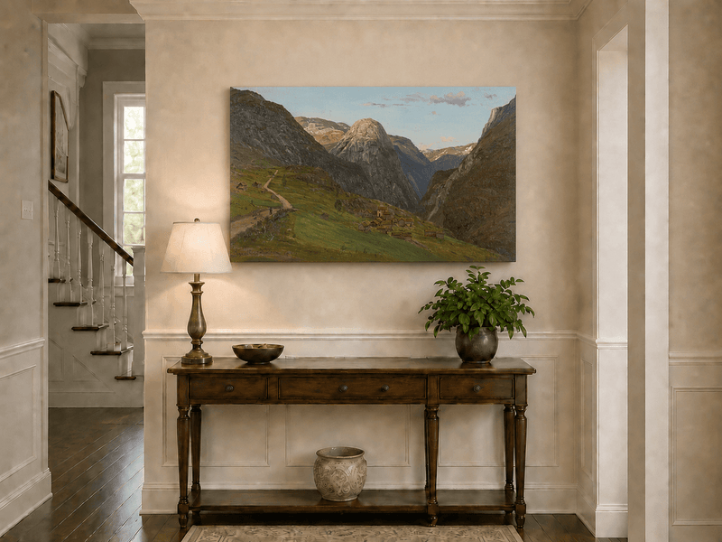 Landscape Oil Painting - Mountain Valley Village and Winding Road