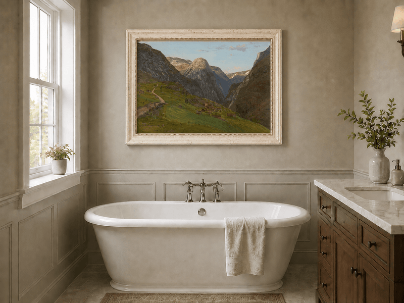 Landscape Oil Painting - Mountain Valley Village and Winding Road