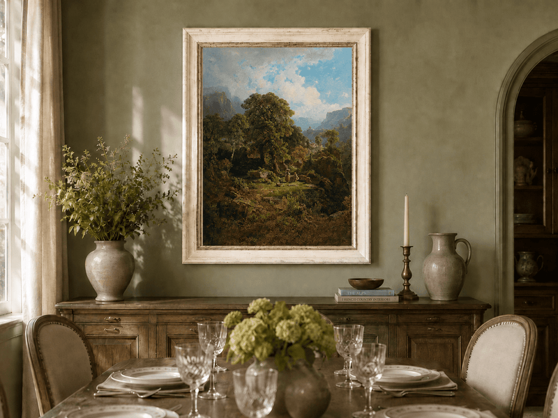 Landscape Oil Painting - Mountain Valley with Figures and Trees