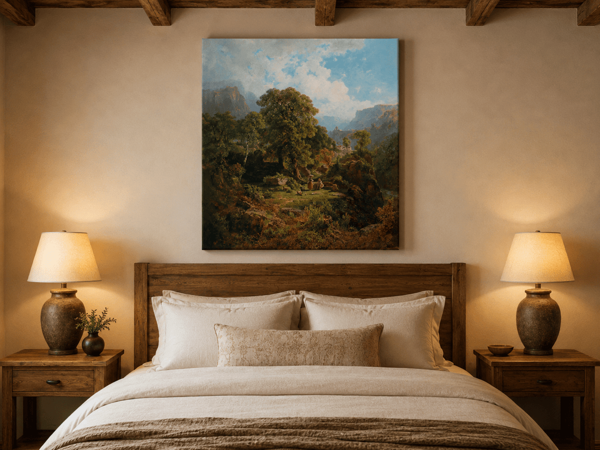Landscape Oil Painting - Mountain Valley with Figures and Trees