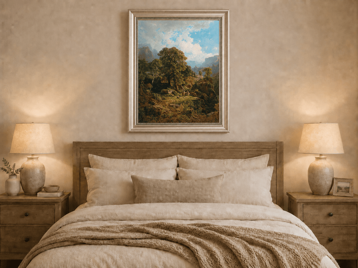 Landscape Oil Painting - Mountain Valley with Figures and Trees