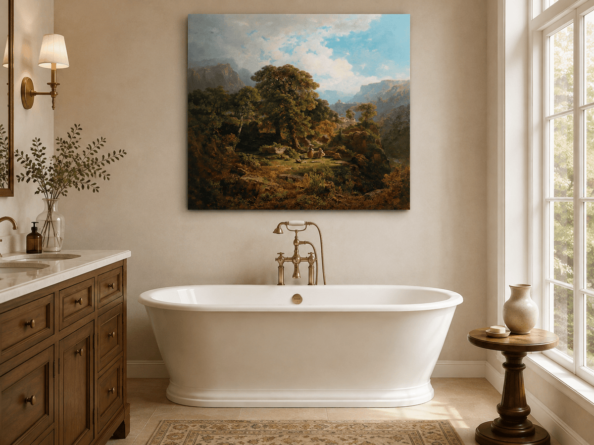 Landscape Oil Painting - Mountain Valley with Figures and Trees