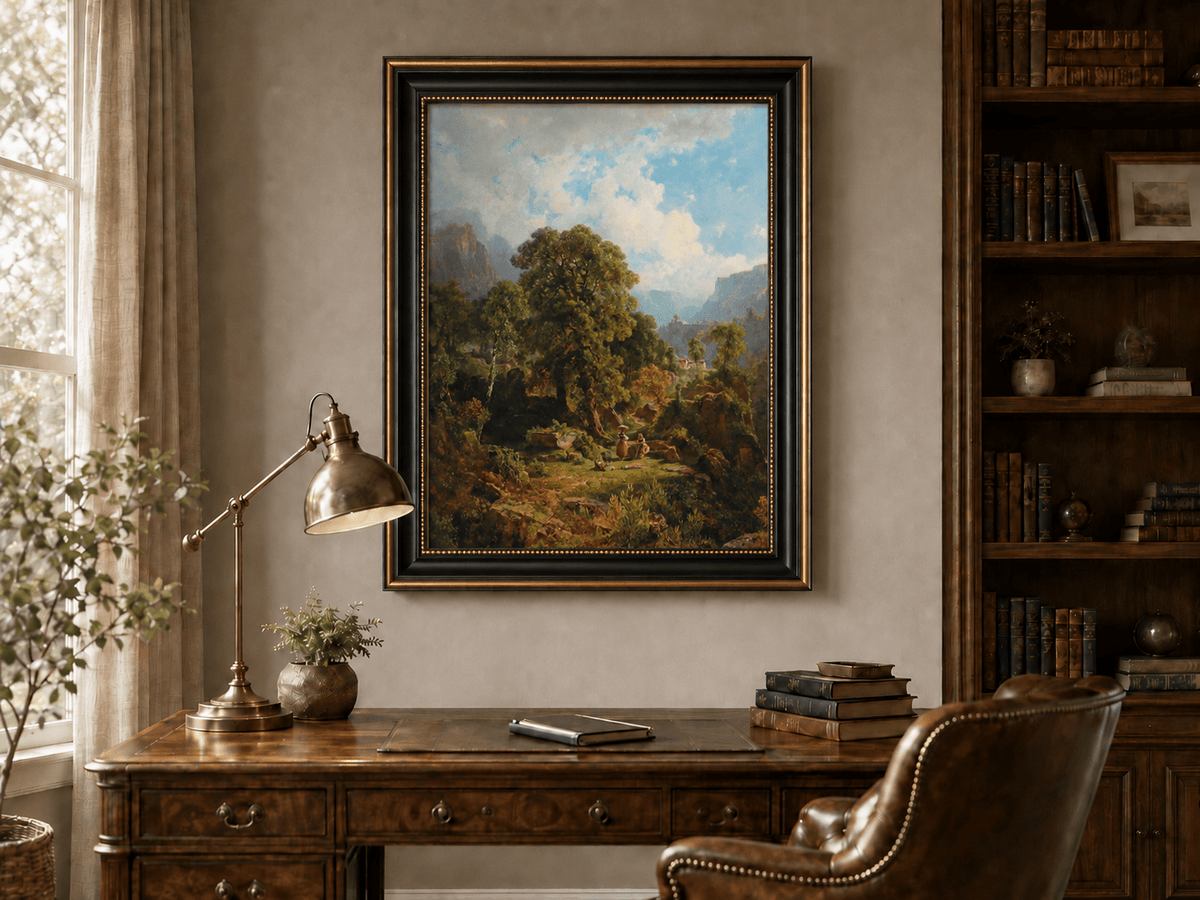 Landscape Oil Painting - Mountain Valley with Figures and Trees