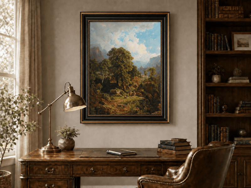 Landscape Oil Painting - Mountain Valley with Figures and Trees
