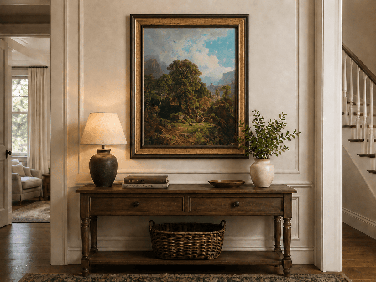 Landscape Oil Painting - Mountain Valley with Figures and Trees