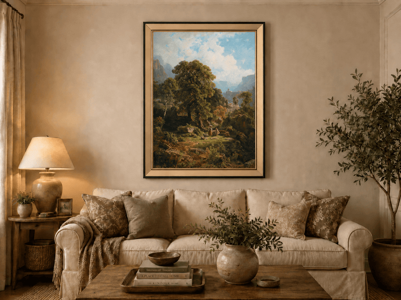 Landscape Oil Painting - Mountain Valley with Figures and Trees