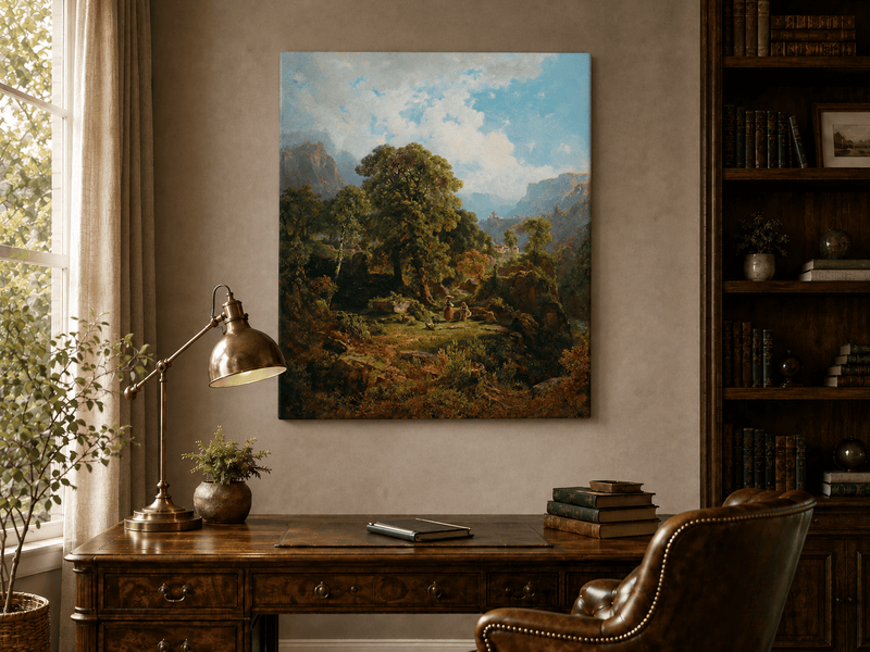 Landscape Oil Painting - Mountain Valley with Figures and Trees