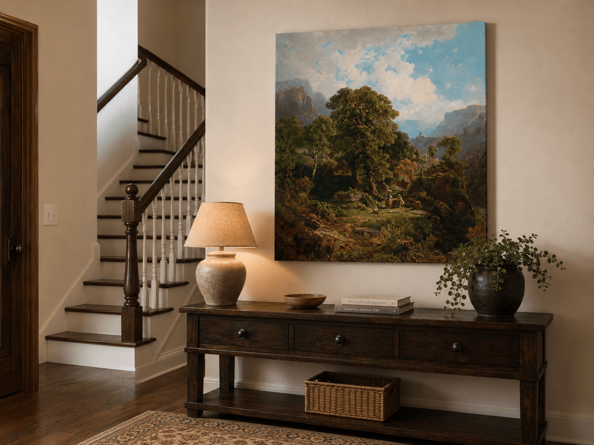 Landscape Oil Painting - Mountain Valley with Figures and Trees