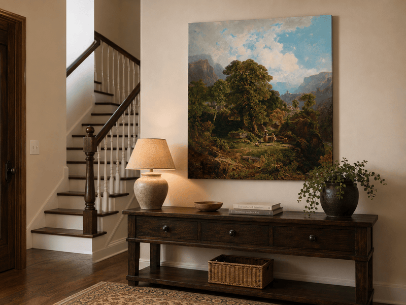 Landscape Oil Painting - Mountain Valley with Figures and Trees