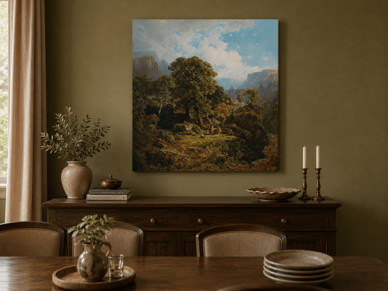 Landscape Oil Painting - Mountain Valley with Figures and Trees