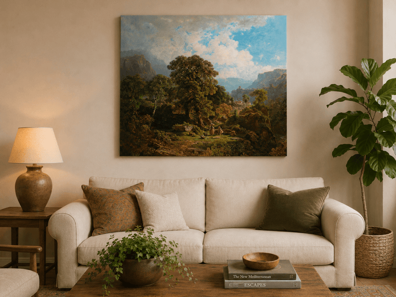 Landscape Oil Painting - Mountain Valley with Figures and Trees