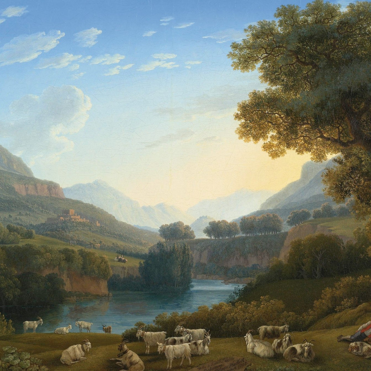 Landscape Oil Painting - mountain valley with goats & resting shepherd - Oil Painting Haven