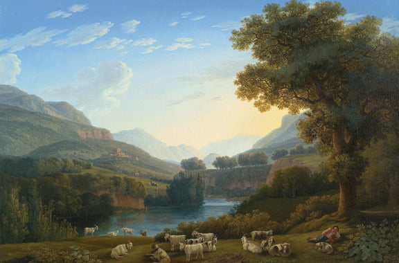 Landscape Oil Painting - mountain valley with goats & resting shepherd - Oil Painting Haven
