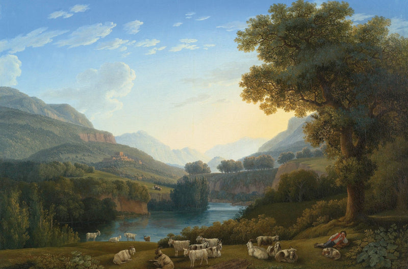 Landscape Oil Painting - mountain valley with goats & resting shepherd - Oil Painting Haven