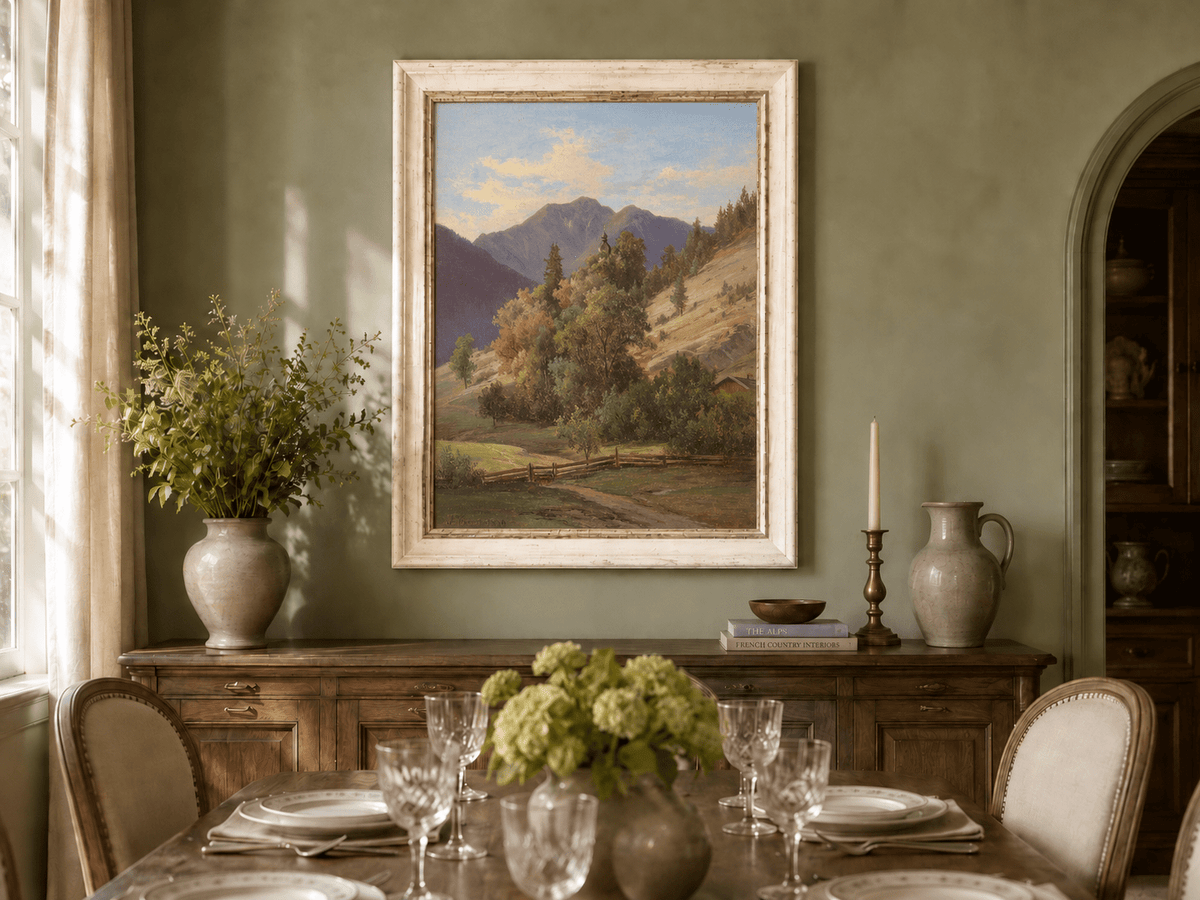Pintura al óleo de paisaje: valle montañoso con capilla en la ladera
