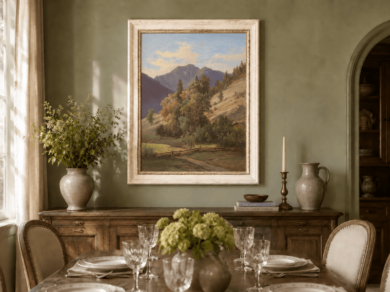 Pintura al óleo de paisaje: valle montañoso con capilla en la ladera