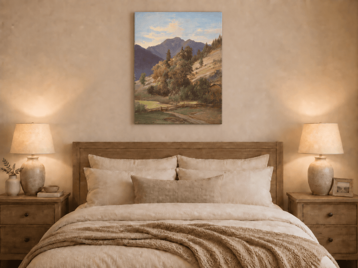 Pintura al óleo de paisaje: valle montañoso con capilla en la ladera