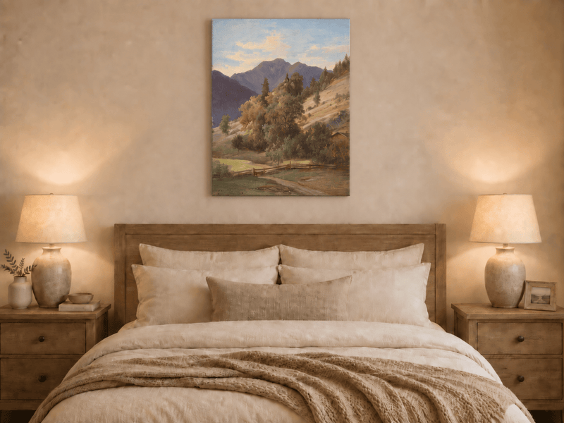 Pintura al óleo de paisaje: valle montañoso con capilla en la ladera