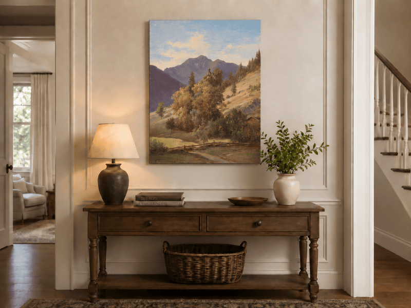 Pintura al óleo de paisaje: valle montañoso con capilla en la ladera