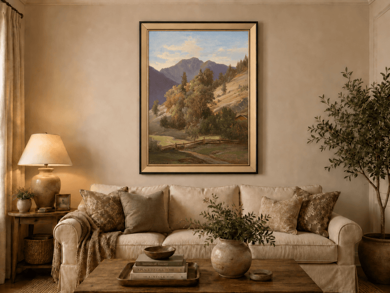Pintura al óleo de paisaje: valle montañoso con capilla en la ladera