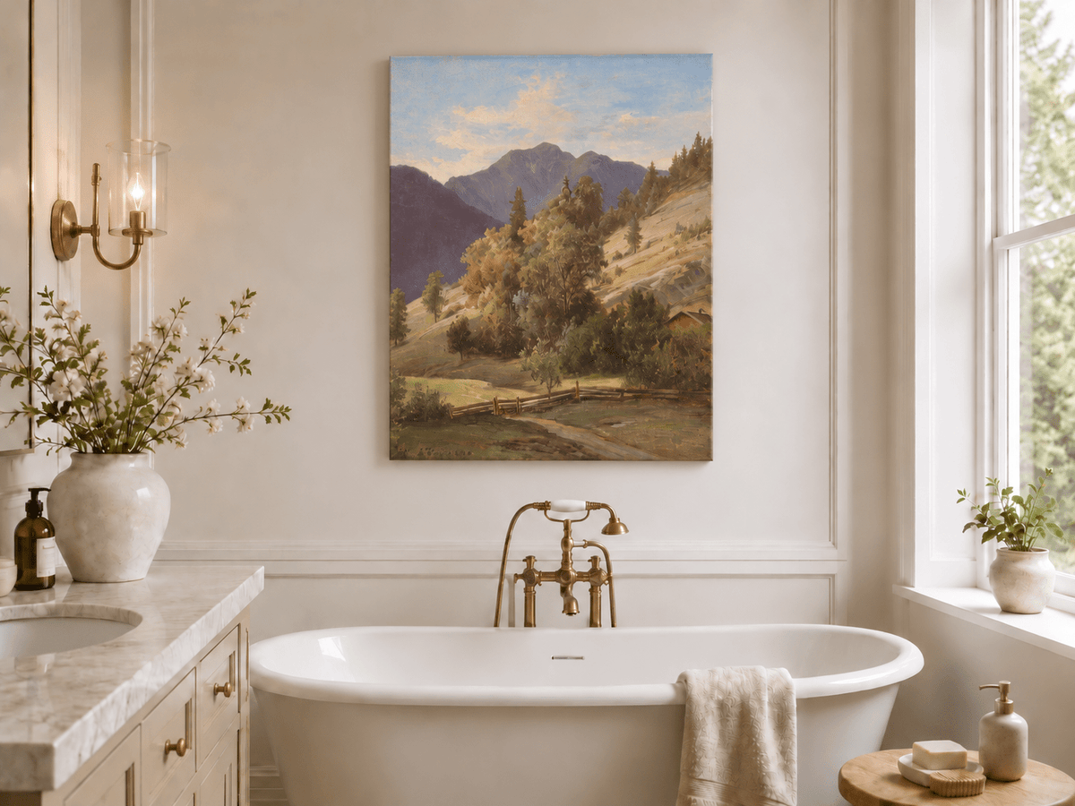 Pintura al óleo de paisaje: valle montañoso con capilla en la ladera