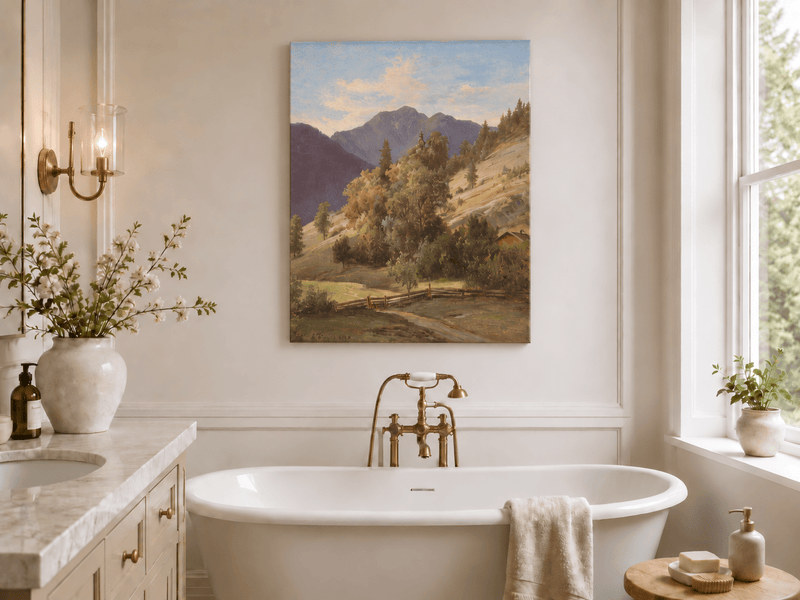 Pintura al óleo de paisaje: valle montañoso con capilla en la ladera
