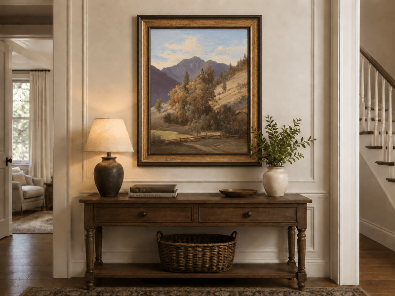 Pintura al óleo de paisaje: valle montañoso con capilla en la ladera