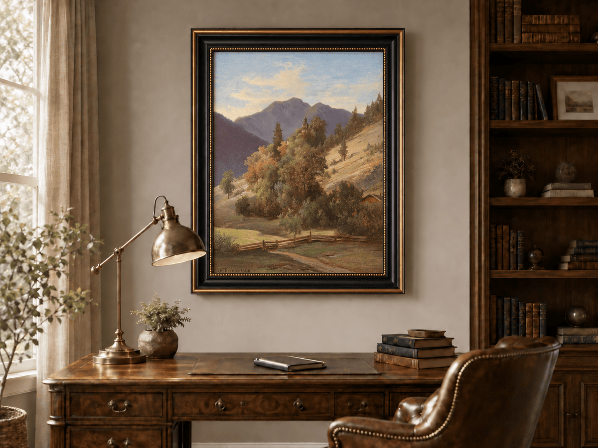 Pintura al óleo de paisaje: valle montañoso con capilla en la ladera