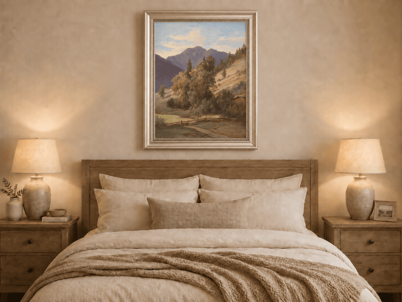Pintura al óleo de paisaje: valle montañoso con capilla en la ladera