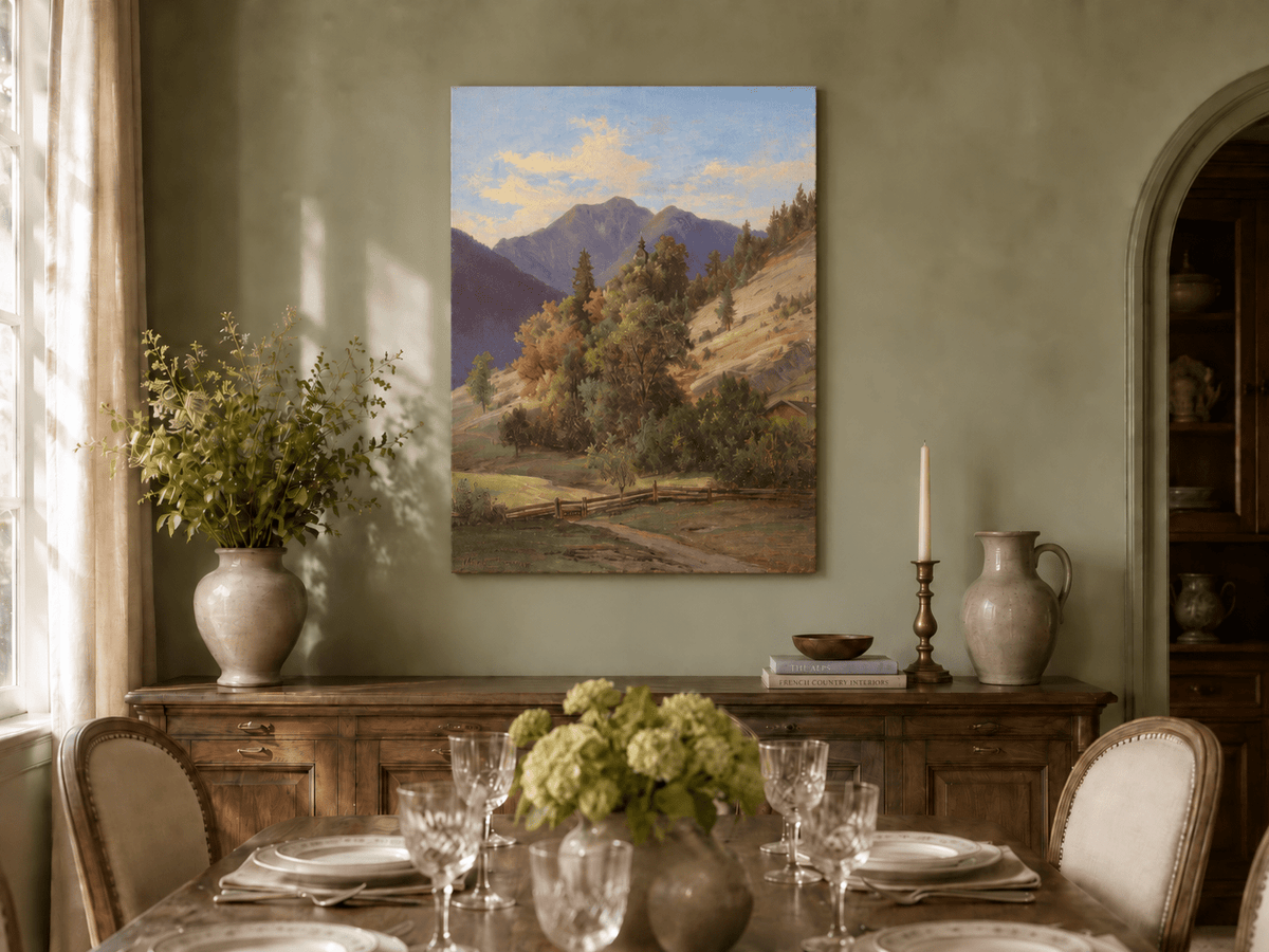 Pintura al óleo de paisaje: valle montañoso con capilla en la ladera