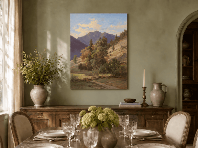 Pintura al óleo de paisaje: valle montañoso con capilla en la ladera