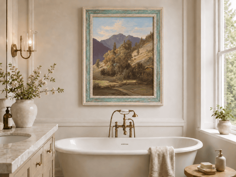 Pintura al óleo de paisaje: valle montañoso con capilla en la ladera