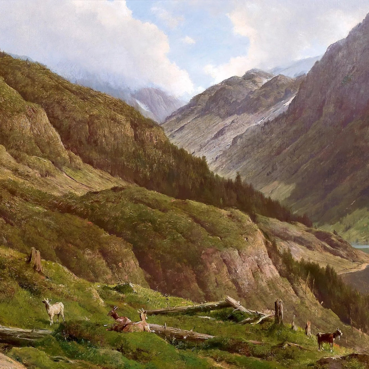 Landscape Oil Painting - Mountain Valley with Lake & Goats - Oil Painting Haven