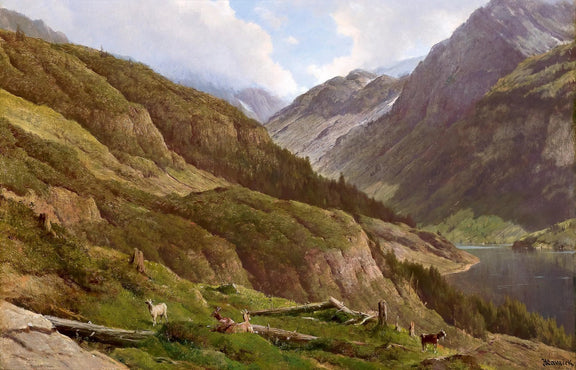 Landscape Oil Painting - Mountain Valley with Lake & Goats - Oil Painting Haven