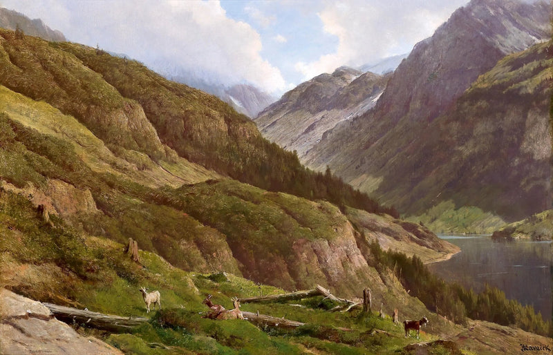 Landscape Oil Painting - Mountain Valley with Lake & Goats - Oil Painting Haven