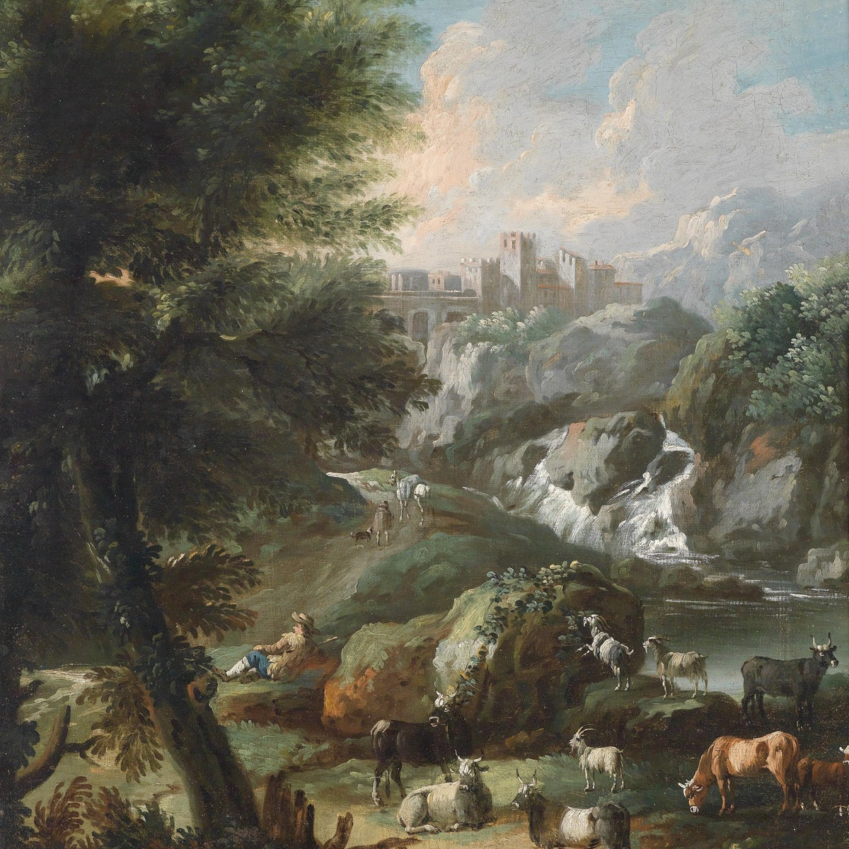 Landscape Oil Painting - Mountain Valley with Livestock: Waterfall, Herder - Oil Painting Haven