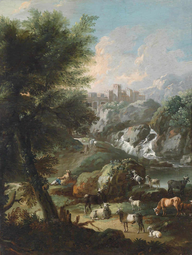Landscape Oil Painting - Mountain Valley with Livestock: Waterfall, Herder - Oil Painting Haven